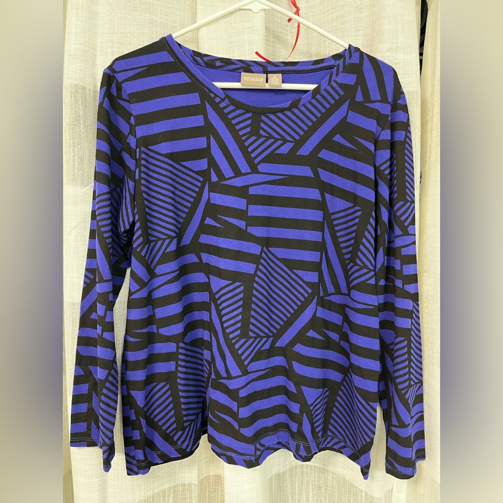 Chicos Womens Long Sleeve T-Shirt Blue Black Zig Zag Stripe Sz 2 (L/12) EUC